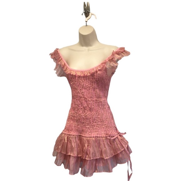 LoveShackFancy Gilded Violet Pink/Gold Gilded Ruffle- Shirred Mini Dress- sz M - Picture 2 of 13